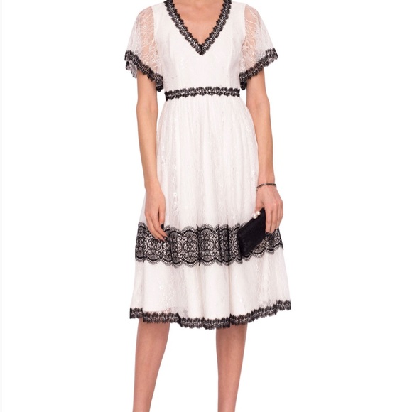Nissa Dresses & Skirts - Wolf And Badger Nissa Dress EU 40 US 8 White Black Lace V Neck MIDI Short Sleeve